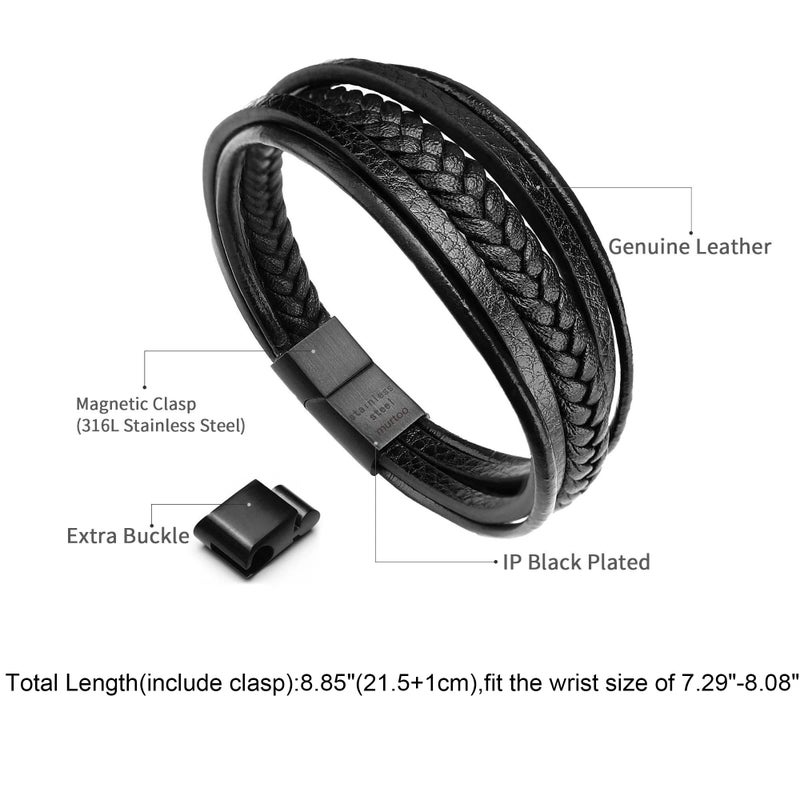 murtoo Mens Leather Bracelet with Clasp Cowhide Multi-Layer Braided Leather Mens Bracelet - Image 2